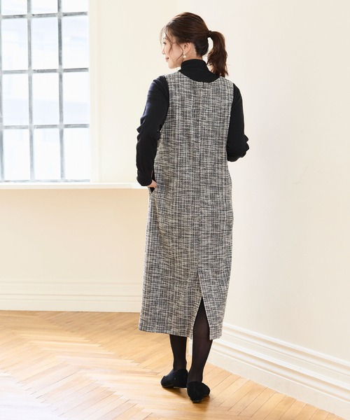 CROSS FUNCTION(クロスファンクション)の「《洗える・ストレッチ・シワになりにくい》正解 ツイードVネックジャンスカ【CF/クロスファンクション】(ジャンパースカート・レディース・アイボリー/ブラック・M/L/LL)」の7枚目の写真