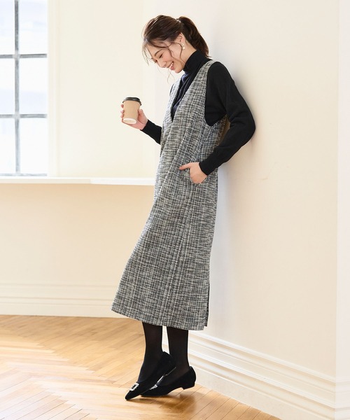 CROSS FUNCTION(クロスファンクション)の「《洗える・ストレッチ・シワになりにくい》正解 ツイードVネックジャンスカ【CF/クロスファンクション】(ジャンパースカート・レディース・アイボリー/ブラック・M/L/LL)」の8枚目の写真