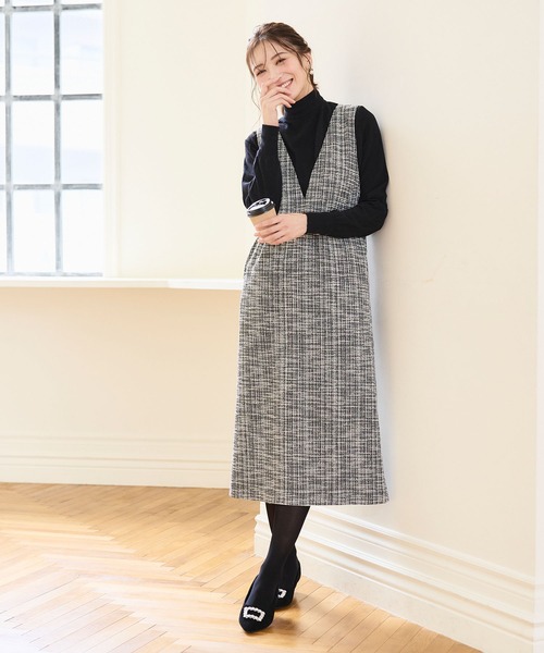 CROSS FUNCTION(クロスファンクション)の「《洗える・ストレッチ・シワになりにくい》正解 ツイードVネックジャンスカ【CF/クロスファンクション】(ジャンパースカート・レディース・アイボリー/ブラック・M/L/LL)」の5枚目の写真