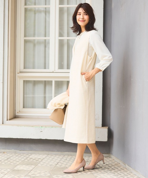 CROSS FUNCTION(クロスファンクション)の「《洗える・ストレッチ・シワになりにくい》正解 ツイードVネックジャンスカ【CF/クロスファンクション】(ジャンパースカート・レディース・アイボリー/ブラック・M/L/LL)」の11枚目の写真