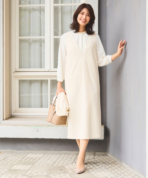 CROSS FUNCTION(クロスファンクション)の「《洗える・ストレッチ・シワになりにくい》正解 ツイードVネックジャンスカ【CF/クロスファンクション】(ジャンパースカート・レディース・アイボリー/ブラック・M/L/LL)」の13枚目の写真