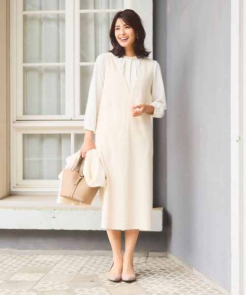 CROSS FUNCTION(クロスファンクション)の「《洗える・ストレッチ・シワになりにくい》正解 ツイードVネックジャンスカ【CF/クロスファンクション】(ジャンパースカート・レディース・アイボリー/ブラック・M/L/LL)」の14枚目の写真