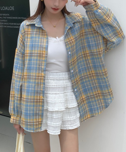 Per sist ence(パーシエンス)の「ビッグシルエットチェックシャツ(シャツ/ブラウス・レディース・ライトブルー/ネイビー/レッド・FREE)」の1枚目の写真