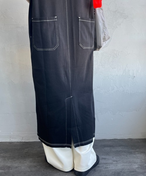 UNIVERSAL OVERALL（ユニバーサルオーバーオール）の「[UNIVERSAL OVERALL/ユニバーサルオーバーオール] 別注 配色ステッチ マキシ丈ワンピース（ワンピース・レディース・ブラック/オリーブ/チャコール/ネイビー・F）」の20枚目の写真