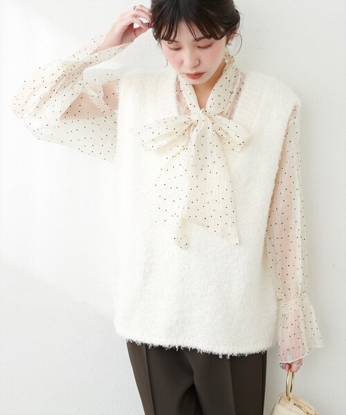 natural couture（ナチュラルクチュール）の「テディヤーンミドル丈ニットベスト（ニット/セーター・レディース・オフホワイト/ブラック/モカ・FREE）」の5枚目の写真