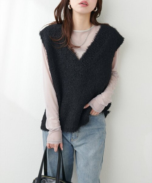 natural couture（ナチュラルクチュール）の「テディヤーンミドル丈ニットベスト（ニット/セーター・レディース・オフホワイト/ブラック/モカ・FREE）」の15枚目の写真