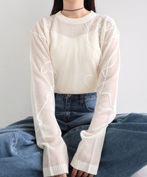 ニュアンスウェーブ刺繍シアーニットトップス