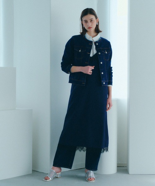 YECCA VECCA（イェッカヴェッカ）の「ノーカラーストレッチGジャン（デニムジャケット・レディース・インディゴブルー/ダークインディゴブルー・FREE）」の10枚目の写真