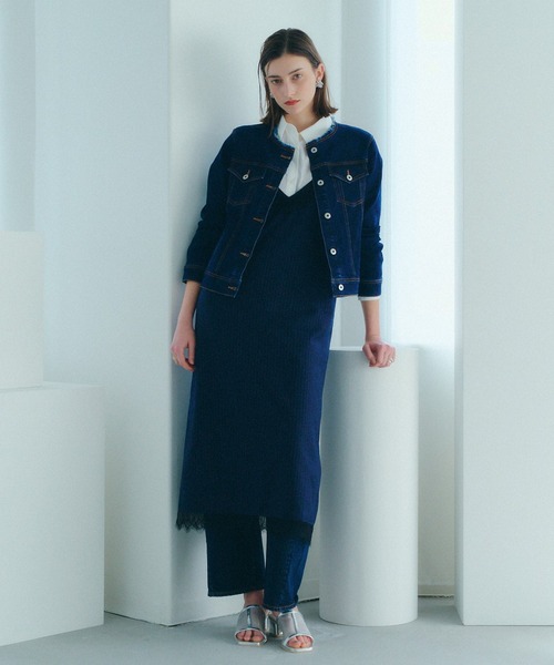 YECCA VECCA（イェッカヴェッカ）の「ノーカラーストレッチGジャン（デニムジャケット・レディース・インディゴブルー/ダークインディゴブルー・FREE）」の11枚目の写真