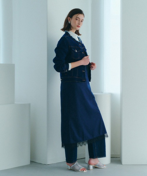 YECCA VECCA（イェッカヴェッカ）の「ノーカラーストレッチGジャン（デニムジャケット・レディース・インディゴブルー/ダークインディゴブルー・FREE）」の13枚目の写真