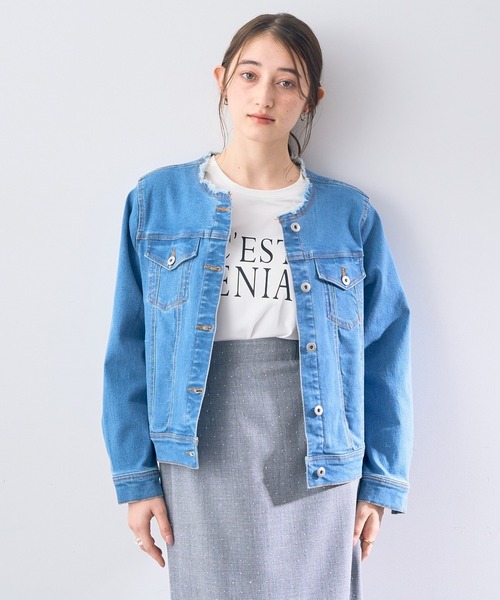 YECCA VECCA（イェッカヴェッカ）の「ノーカラーストレッチGジャン（デニムジャケット・レディース・インディゴブルー/ダークインディゴブルー・FREE）」の15枚目の写真