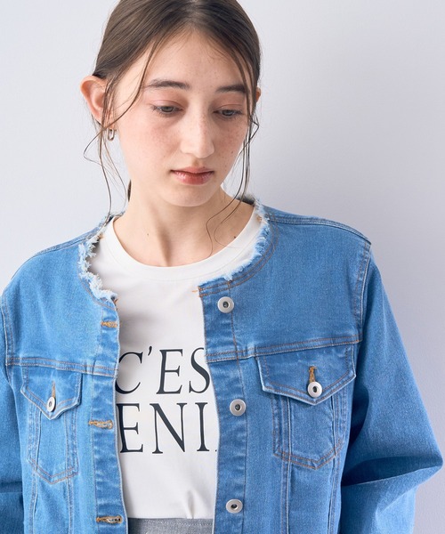 YECCA VECCA（イェッカヴェッカ）の「ノーカラーストレッチGジャン（デニムジャケット・レディース・インディゴブルー/ダークインディゴブルー・FREE）」の22枚目の写真