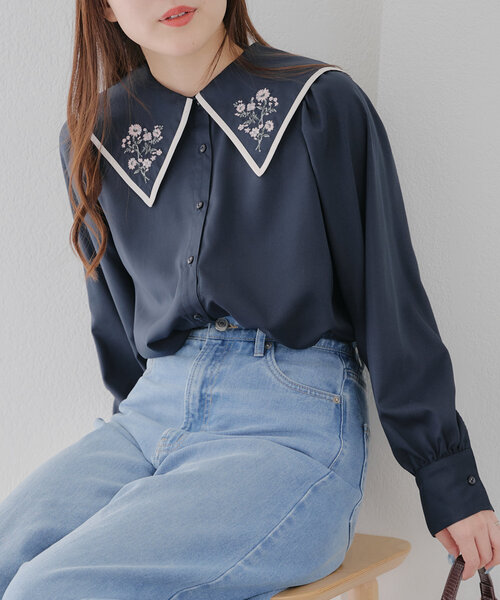 Another Branch olive des olive(アナザーブランチオリーブデオリーブ)の「配色パイピング衿刺繍レトロブラウス(シャツ/ブラウス・レディース・ネイビー/オフホワイト/ミント・FREE)」の1枚目の写真
