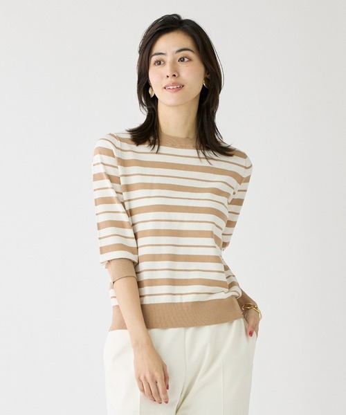 I.T.'S international（イッツインターナショナル）の「HT Cotton5分袖ボーダーニット（Tシャツ/カットソー・レディース・ネイビー/ベージュ/レッド・フリー）」の2枚目の写真