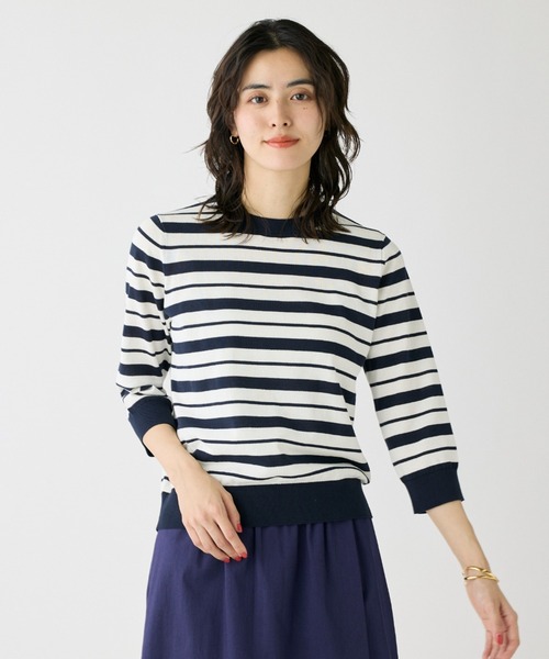 I.T.'S international（イッツインターナショナル）の「HT Cotton5分袖ボーダーニット（Tシャツ/カットソー・レディース・ネイビー/ベージュ/レッド・フリー）」の3枚目の写真