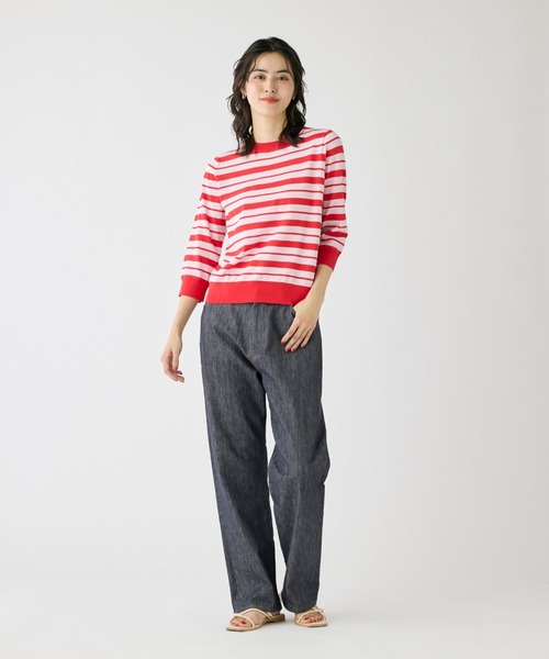 I.T.'S international（イッツインターナショナル）の「HT Cotton5分袖ボーダーニット（Tシャツ/カットソー・レディース・ネイビー/ベージュ/レッド・フリー）」の9枚目の写真
