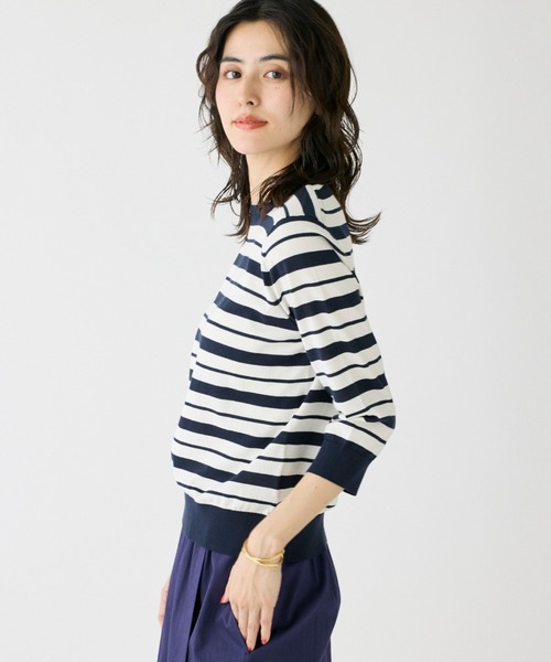 I.T.'S international（イッツインターナショナル）の「HT Cotton5分袖ボーダーニット（Tシャツ/カットソー・レディース・ネイビー/ベージュ/レッド・フリー）」の16枚目の写真