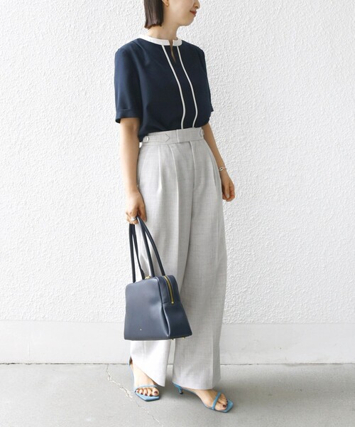 手洗い可能〉パイピング キーネック 半袖 ブラウス（シャツ/ブラウス