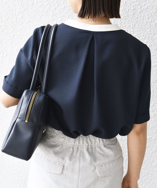 ブラウス シャツ 「手洗い可能」パイピング キーネック 半袖 ブラウス レディース 手洗い可能〉パイピング キーネック 半袖 ブラウス（シャツ