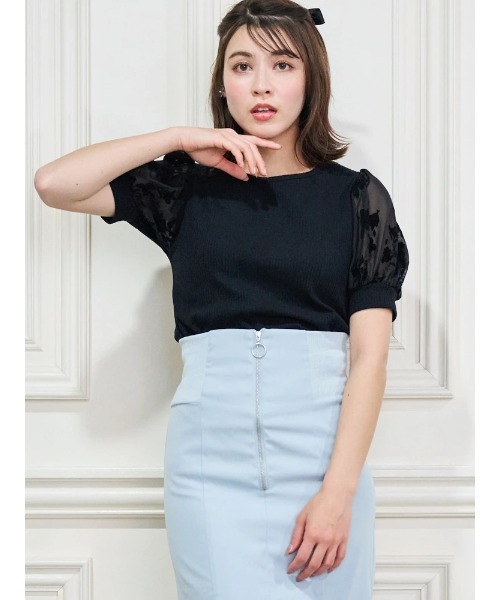LUDIC PARK（ルディックパーク）の「袖花柄フロッキープリントトップス（Tシャツ/カットソー・レディース・ブラック/ネイビー・M/L）」の12枚目の写真