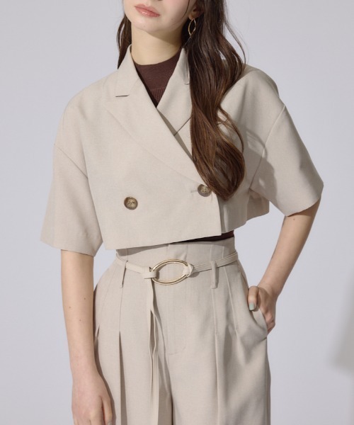 rienda（リエンダ）の「リネンライククロップドハーフスリーブジャケット 春服（テーラードジャケット・レディース・ベージュ/グレー・FREE）」の2枚目の写真