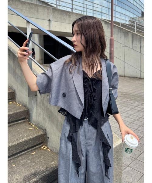 セール】リネンライククロップドハーフスリーブジャケット 春服