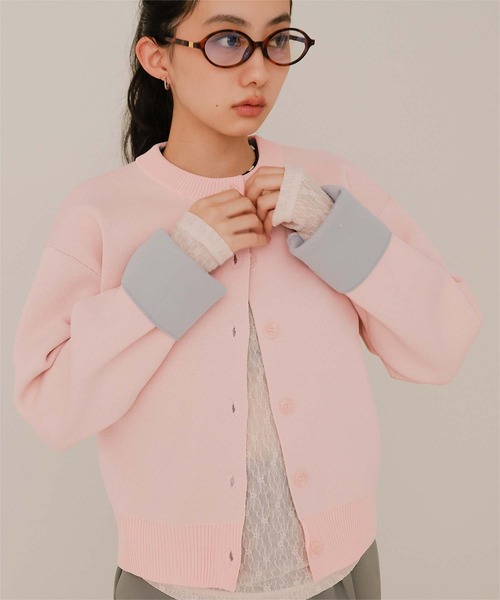 yori バイカラーカーディガン RED38 セール】バイカラー襟・袖配色V