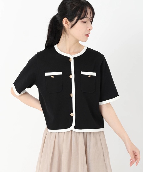 STRAWBERRY-FIELDS（ストロベリーフィールズ）の「シェリール_バイカラートリミングニットカーディガン（カーディガン/ボレロ・レディース・ブラック/オフホワイト・2）」の6枚目の写真