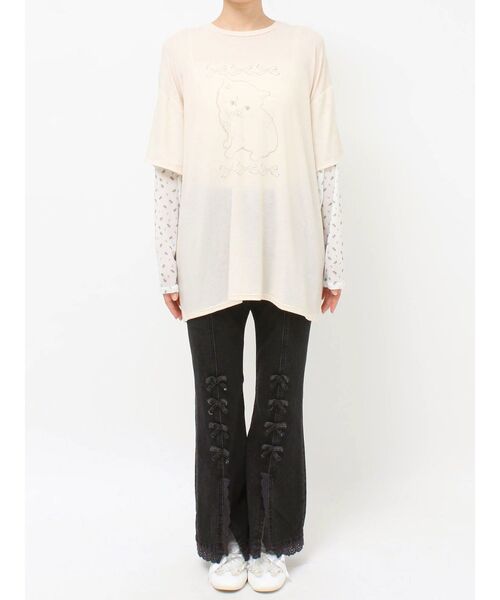 merry jenny（メリージェニー）の「cat ribbonレイヤードロンT（Tシャツ/カットソー・レディース・アイボリー/グレー/ピンク・FREE）」の6枚目の写真