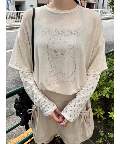 merry jenny（メリージェニー）の「cat ribbonレイヤードロンT（Tシャツ/カットソー・レディース・アイボリー/グレー/ピンク・FREE）」の2枚目の写真