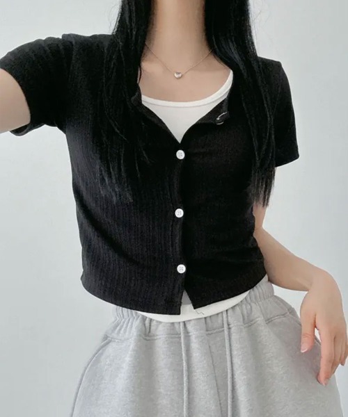 NANAHACHI(ナナハチ)の「レイヤード風 半袖リブTシャツ(Tシャツ/カットソー・レディース・カーキ/ブラック/ライトブルー・FREE)」の6枚目の写真