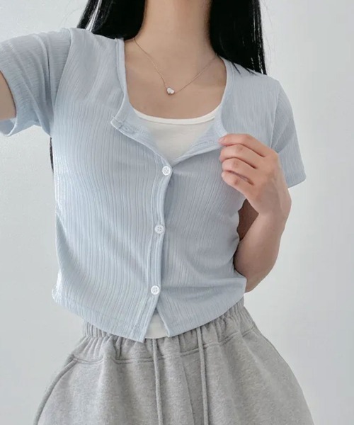 NANAHACHI(ナナハチ)の「レイヤード風 半袖リブTシャツ(Tシャツ/カットソー・レディース・カーキ/ブラック/ライトブルー・FREE)」の10枚目の写真
