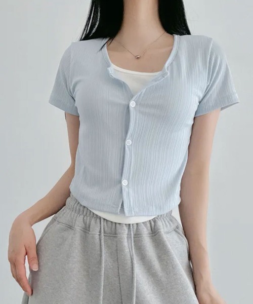 NANAHACHI(ナナハチ)の「レイヤード風 半袖リブTシャツ(Tシャツ/カットソー・レディース・カーキ/ブラック/ライトブルー・FREE)」の11枚目の写真