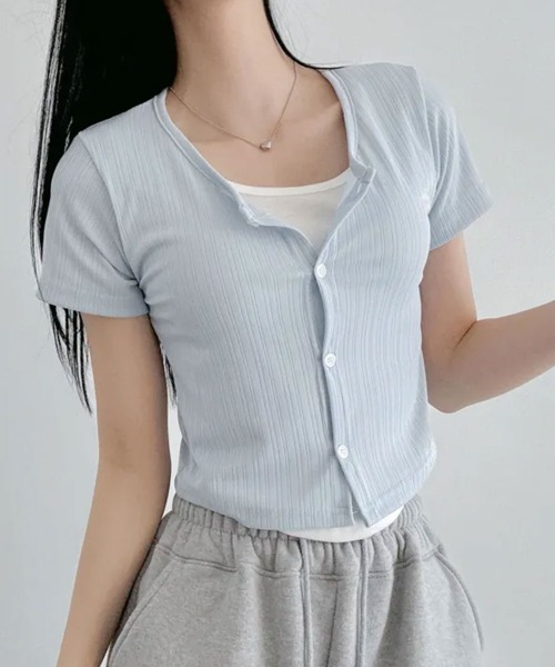 NANAHACHI(ナナハチ)の「レイヤード風 半袖リブTシャツ(Tシャツ/カットソー・レディース・カーキ/ブラック/ライトブルー・FREE)」の12枚目の写真