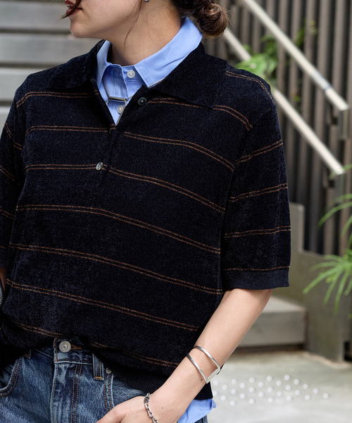 JOURNAL STANDARD（ジャーナルスタンダード）の「ベロアニット ポロシャツ（ニット/セーター・レディース・チョコ/ダークブルー・FREE）」の2枚目の写真