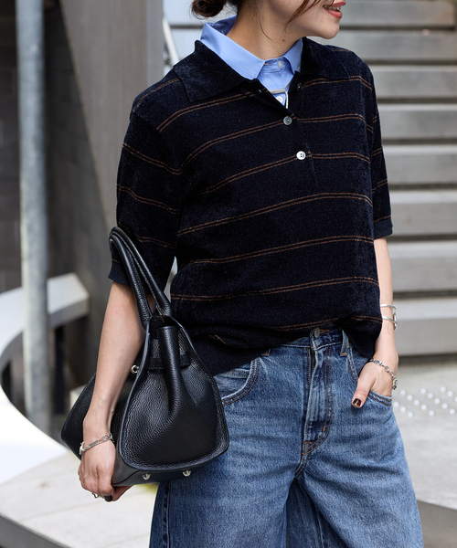 JOURNAL STANDARD（ジャーナルスタンダード）の「ベロアニット ポロシャツ（ニット/セーター・レディース・チョコ/ダークブルー・FREE）」の13枚目の写真