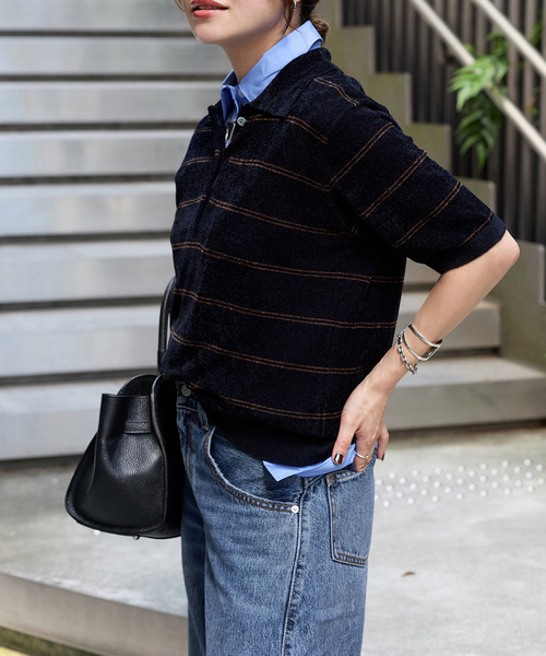 JOURNAL STANDARD（ジャーナルスタンダード）の「ベロアニット ポロシャツ（ニット/セーター・レディース・チョコ/ダークブルー・FREE）」の15枚目の写真