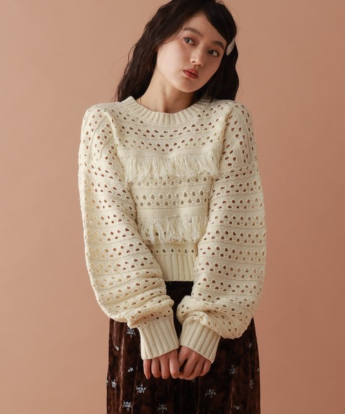 セール】透かし編みフリンジショートニット（ニット/セーター