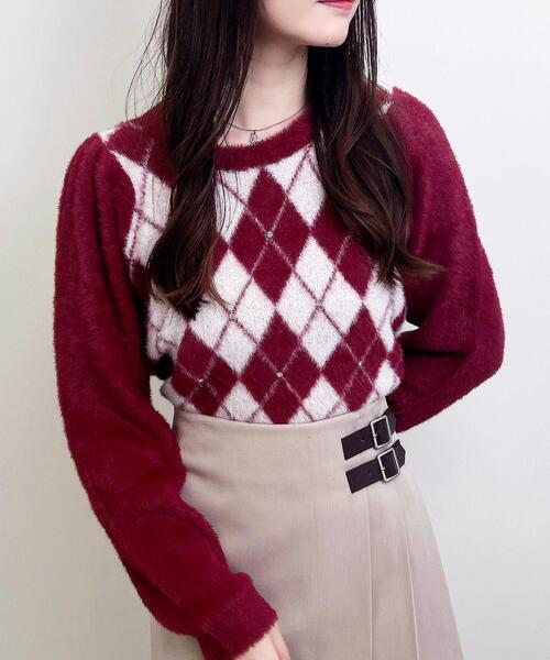 INGNI（イング）の「ビジュー付アーガイル柄フェザーニット（ニット/セーター・レディース・ワイン系2/ホワイト系/グレー×ホワイト・M）」の14枚目の写真