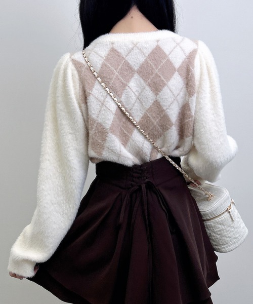 INGNI（イング）の「ビジュー付アーガイル柄フェザーニット（ニット/セーター・レディース・ワイン系2/ホワイト系/グレー×ホワイト・M）」の9枚目の写真