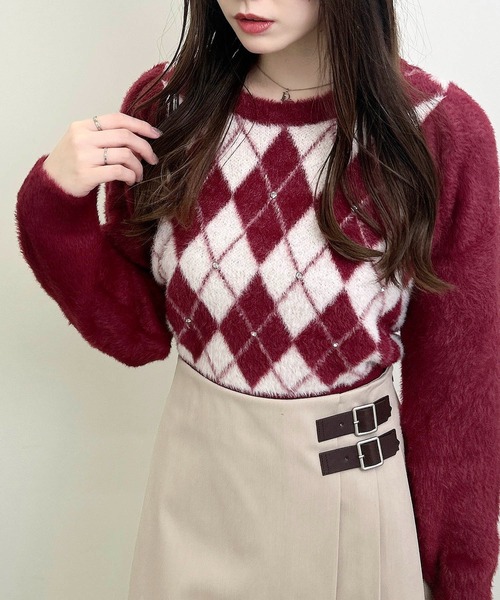 INGNI（イング）の「ビジュー付アーガイル柄フェザーニット（ニット/セーター・レディース・ワイン系2/ホワイト系/グレー×ホワイト・M）」の10枚目の写真