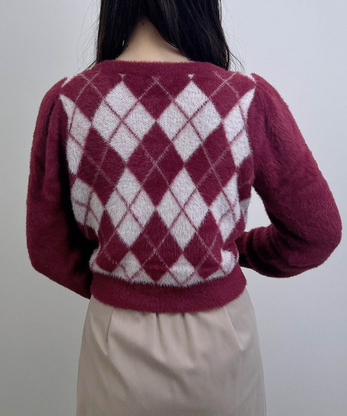 INGNI（イング）の「ビジュー付アーガイル柄フェザーニット（ニット/セーター・レディース・ワイン系2/ホワイト系/グレー×ホワイト・M）」の13枚目の写真
