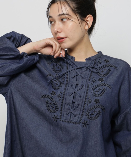 セール】デニムレースアップブラウス（シャツ/ブラウス）｜niko and