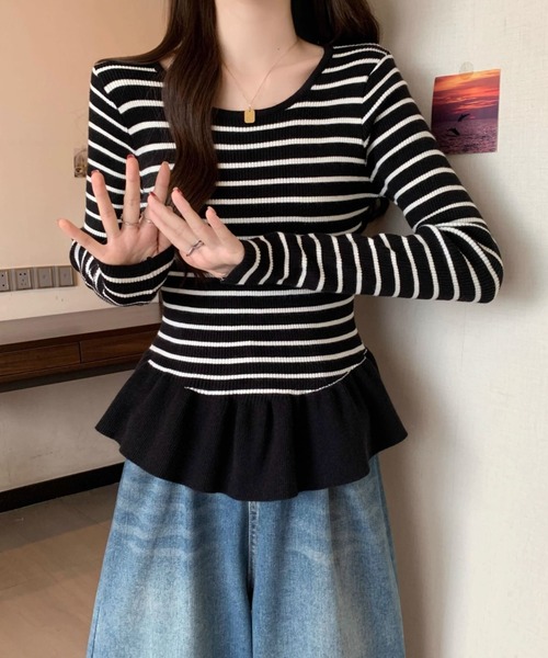LETee(レティー)の「ボーダーニットプルオーバー/ペプラム(ニット/セーター・レディース・ホワイト/ブラック・FREE)」の16枚目の写真