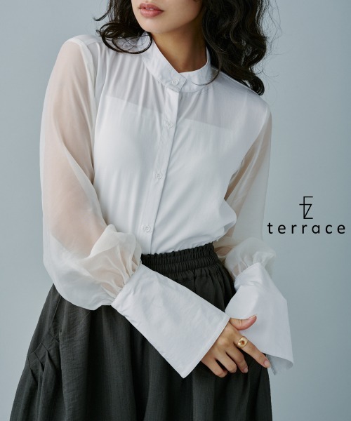 terrace(テラス)の「ロングカフスオーガンジースリーブブラウス(シャツ/ブラウス・レディース・オフホワイト/チャコールグレー/ブラック/ライム・MEDIUM)」の2枚目の写真