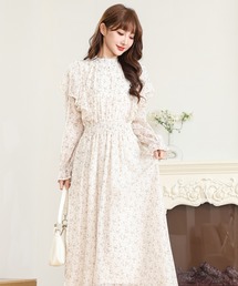 小花柄 フリル バックリボン ロング ワンピース