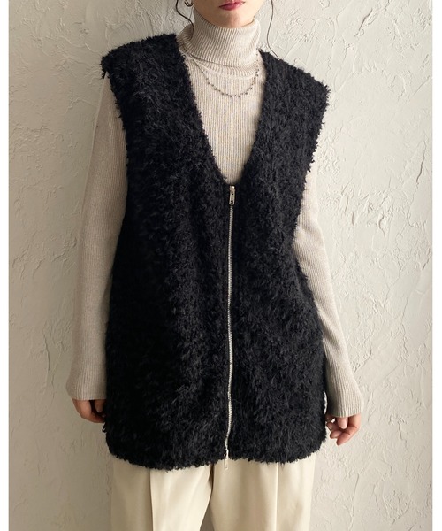 セール】深Vネックフェザーヤーンダブルジップシャギーニットベスト