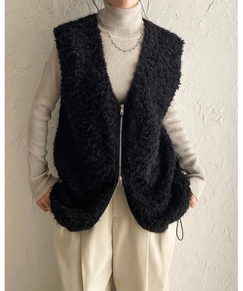 セール】深Vネックフェザーヤーンダブルジップシャギーニットベスト