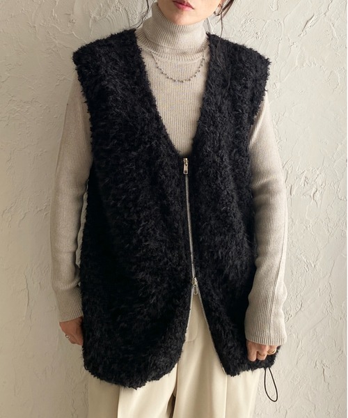 セール】深Vネックフェザーヤーンダブルジップシャギーニットベスト
