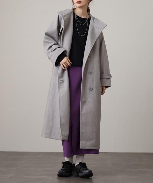 OMNES(オムネス)の「ニットモッサ スタンドカラーロングコート(その他アウター・レディース・グレー/グレイッシュベージュ/ダークブラウン/チャコール/ブラック/アイボリー・FREE)」の4枚目の写真